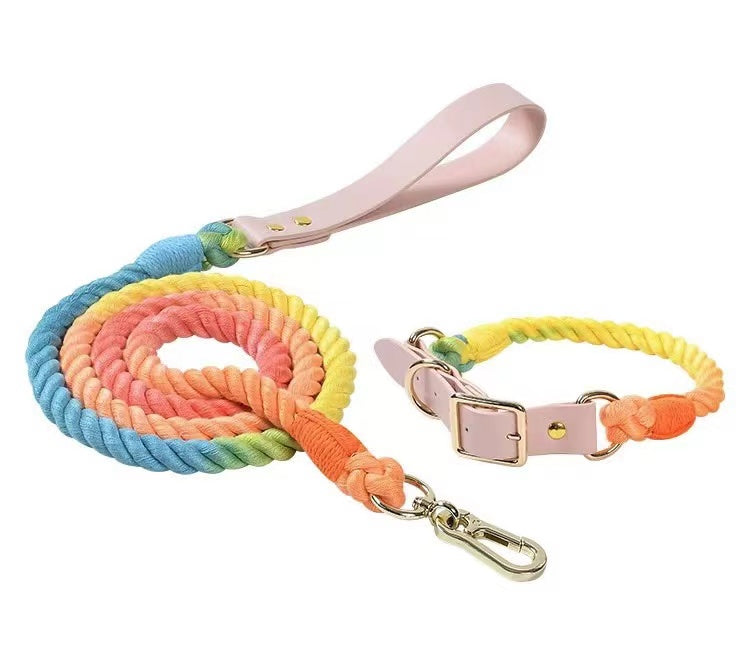 Luxe Royal Rope Leash and Collar Set - Classic Rainbow (5-6ft Cotton)-0
