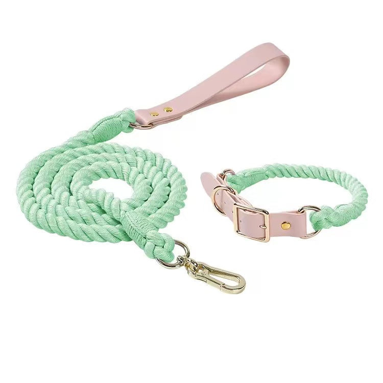 Luxe Royal Rope Leash and Collar Set - Mint Green (5-6ft Cotton)-0
