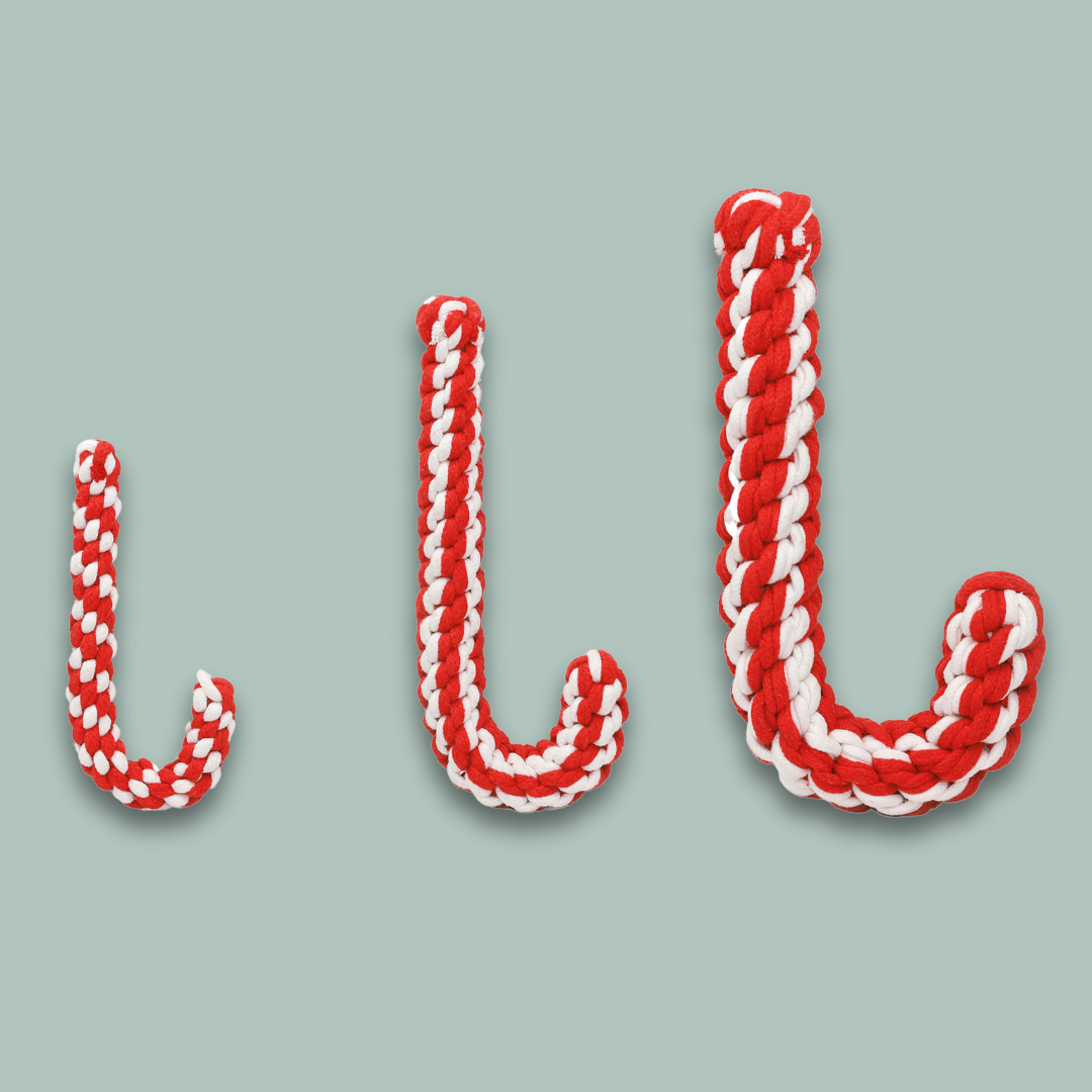 Braided Candy Cane Rope Toy - Holiday Durable Tug Toy - Small, Medium, Large Sizes